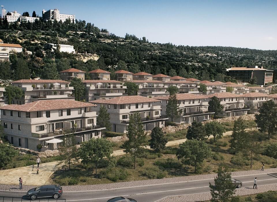 בתים מרווחים, מלא עצים מסביב, למטה שביל וכביש